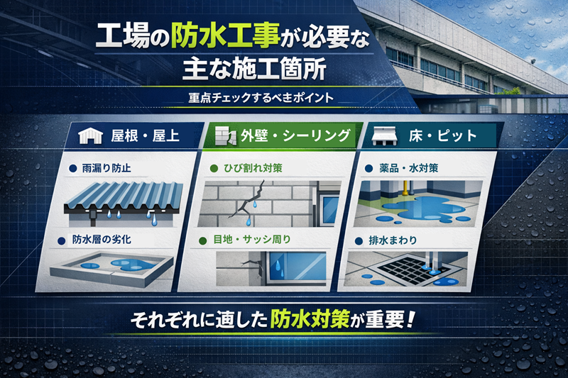 工場の防水工事が必要な主な施工箇所について解説をした画像
